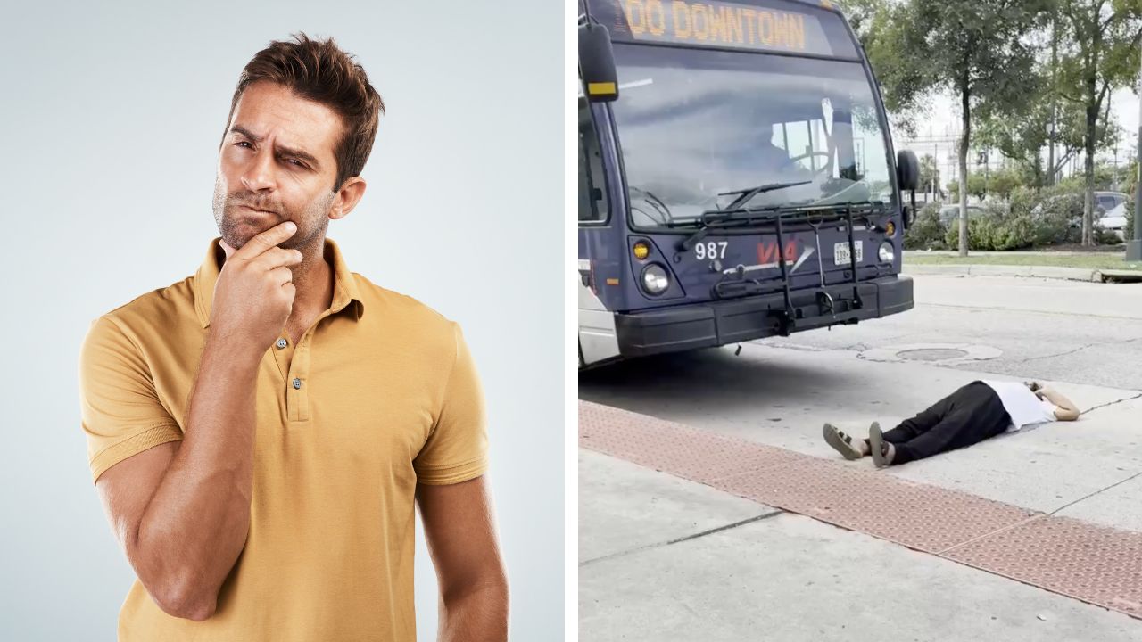 Man lied down in front of a city bus and refused to move despite the repeated honking.
