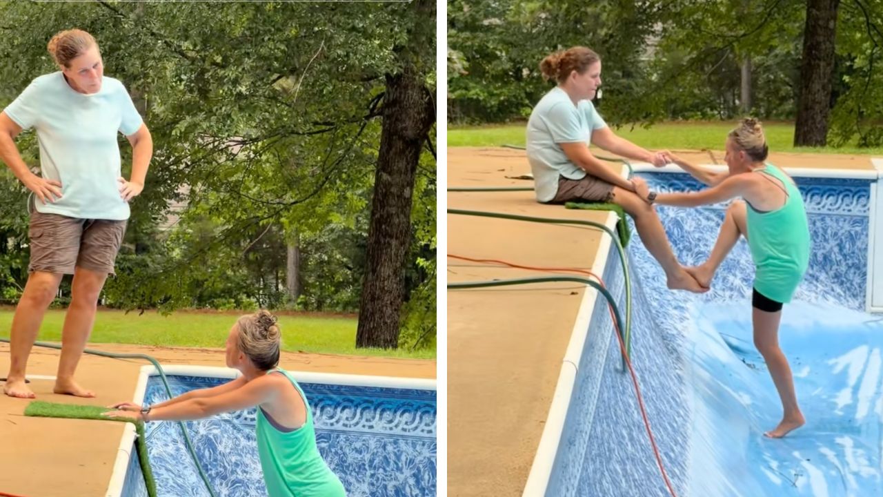 Mom became a human ladder to help her daughter out of a newly lined pool.