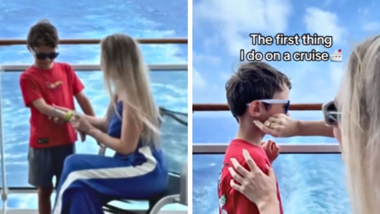Mom prepares her son with multiple travel products before a cruise.