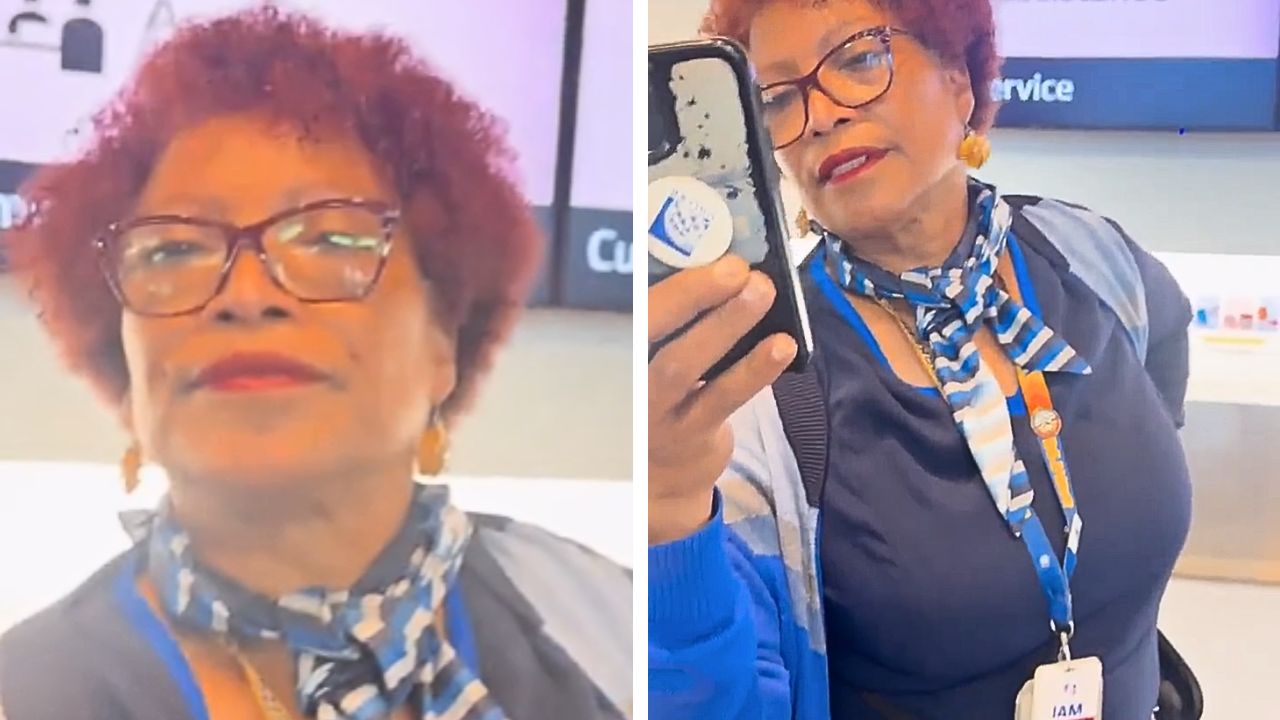 Screenshots showing the airport employee wearing a uniform with an IAM union badge.
