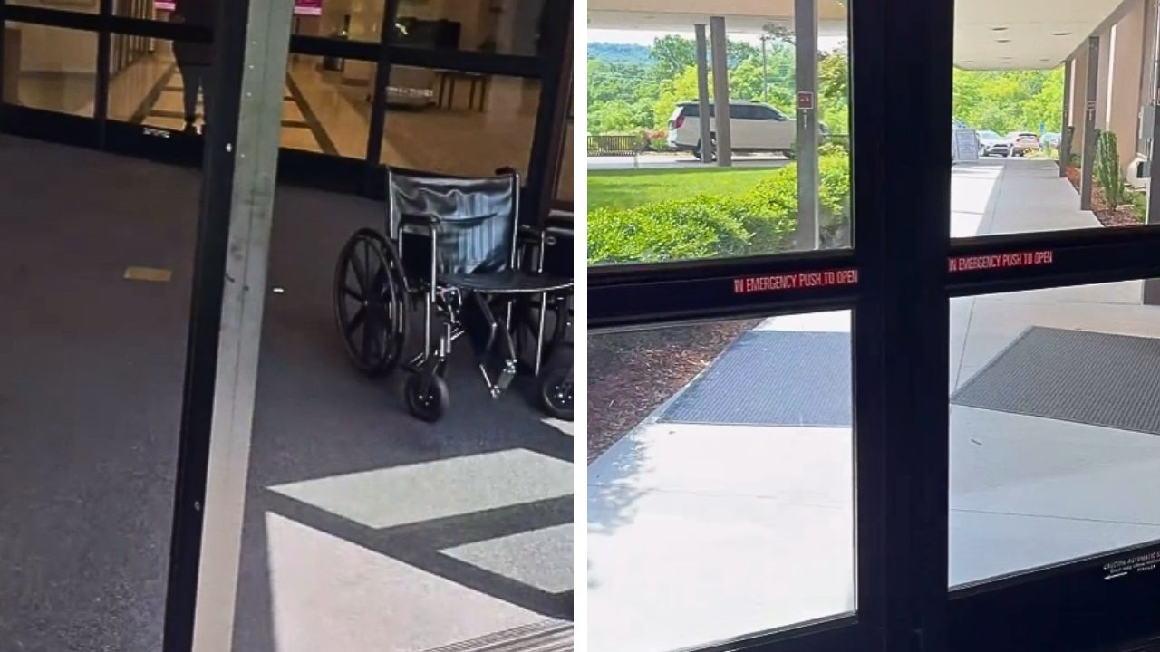 These automatic hospital doors open toward a steel support pillar.
