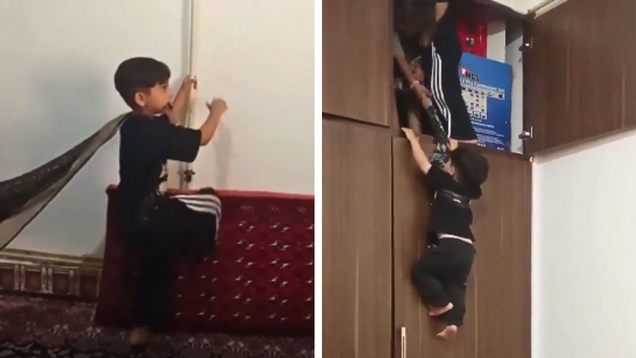 Three children recreate the teamwork they used to climb on top of a wardrobe.