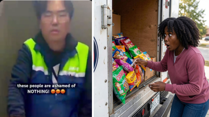An African American Woman Films Herself Trying to Steal Snacks from a Delivery Truck