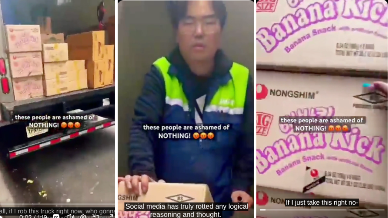 An African American Woman Films Herself Trying to Steal Snacks from a Delivery Truck