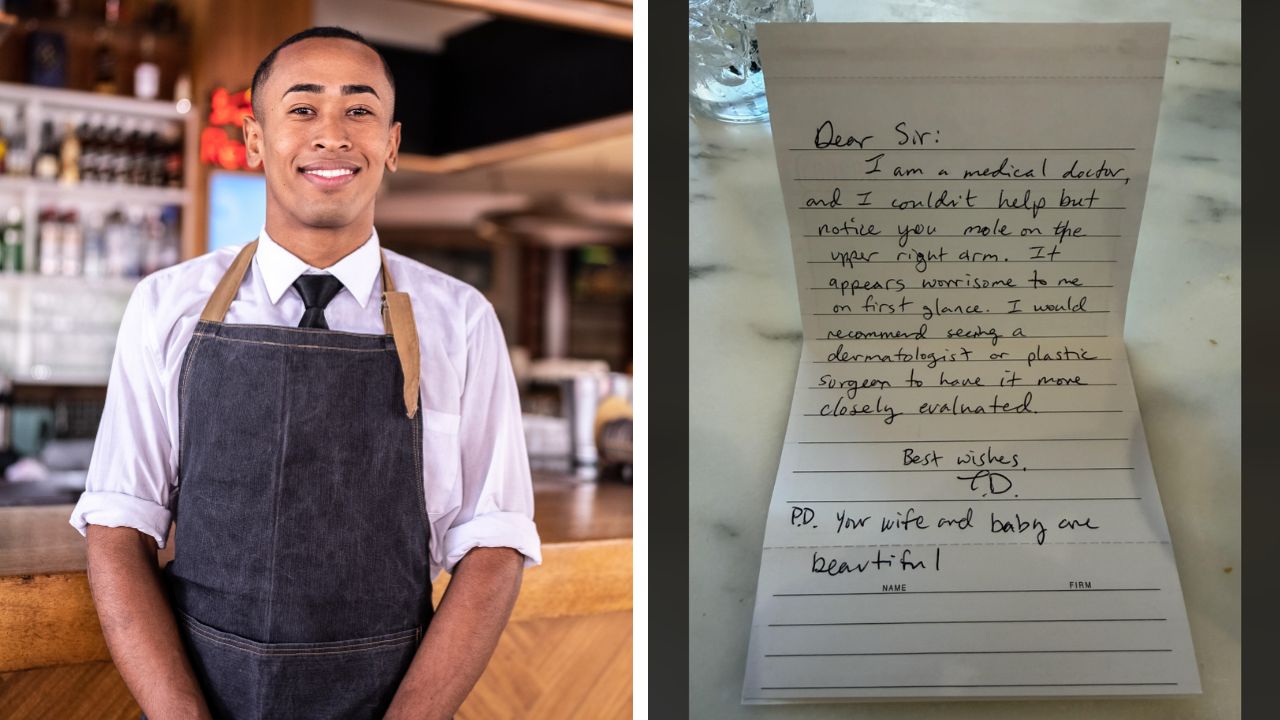 Waiter handed a note to a customer after noticing a mole on his right arm.