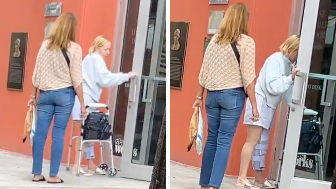 Woman with a walker struggled to open a door while a bystander stood by, dividing the internet.