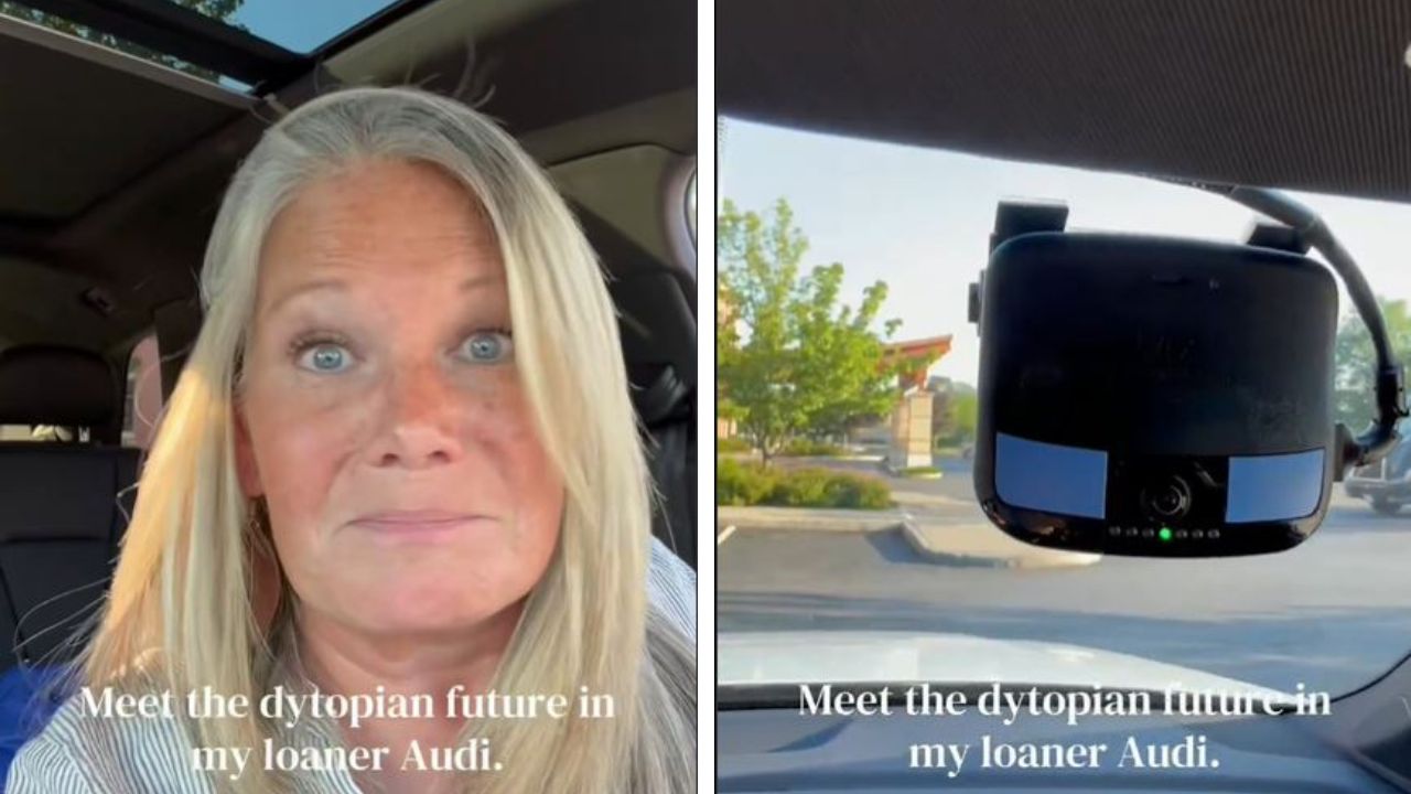 Woman points to camera in loaned car.