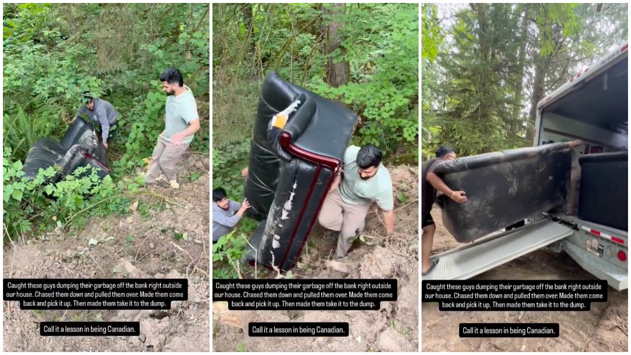 Guy Catches Three Men Dumping Unwanted Furniture in a Forested Area