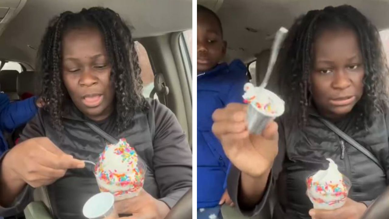 Mom splits one scoop of ice cream among 4 kids.