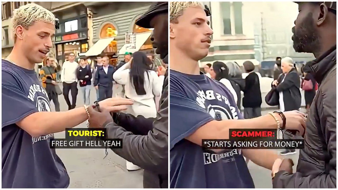 Tourist's Response to 'Free Bracelet' Scammer Goes Viral