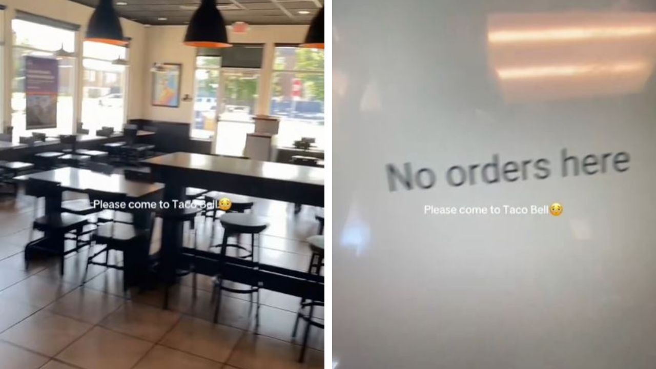 Taco Bell employee shows empty restaurant.