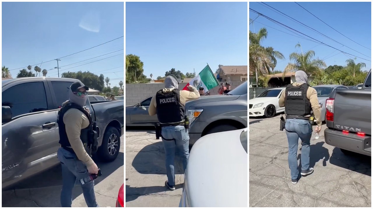 Viral Video Shows ICE Agent Surrounded by People Waving Mexican Flag