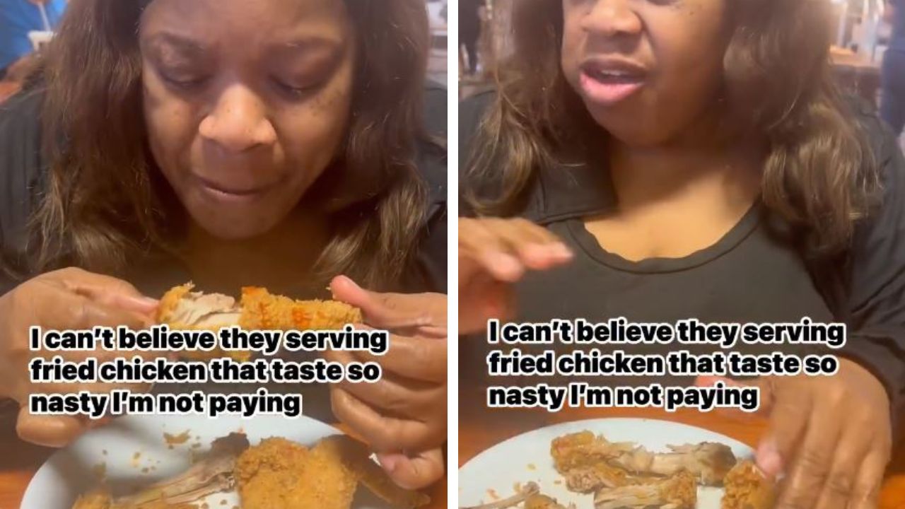 Woman finishes fried chicken plate but refuses to pay.