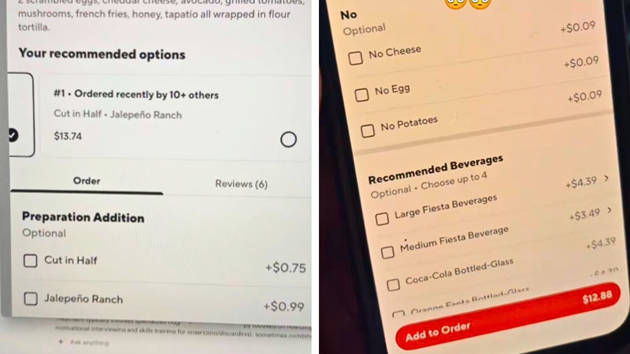 A DoorDash food customization screen showing additional charges for removing certain ingredients.