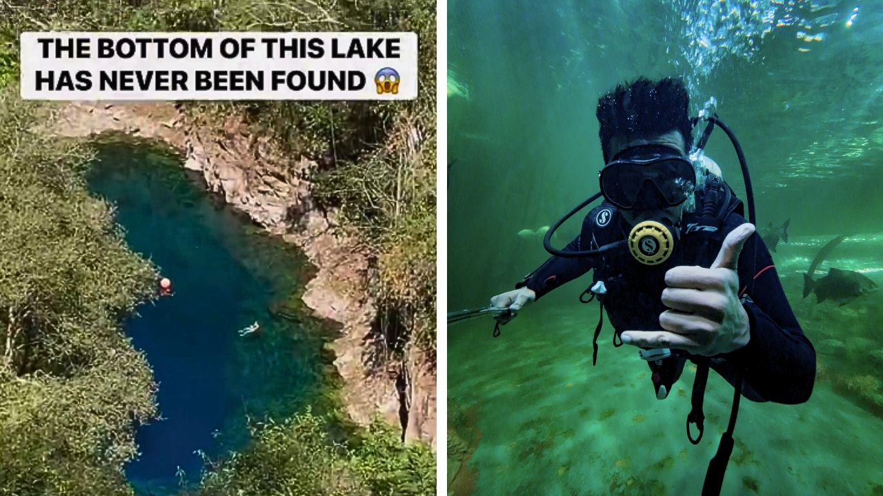 A diver (R) descends into the crystal-clear depths of Lagoa Misteriosa lake (L) in Brazil.