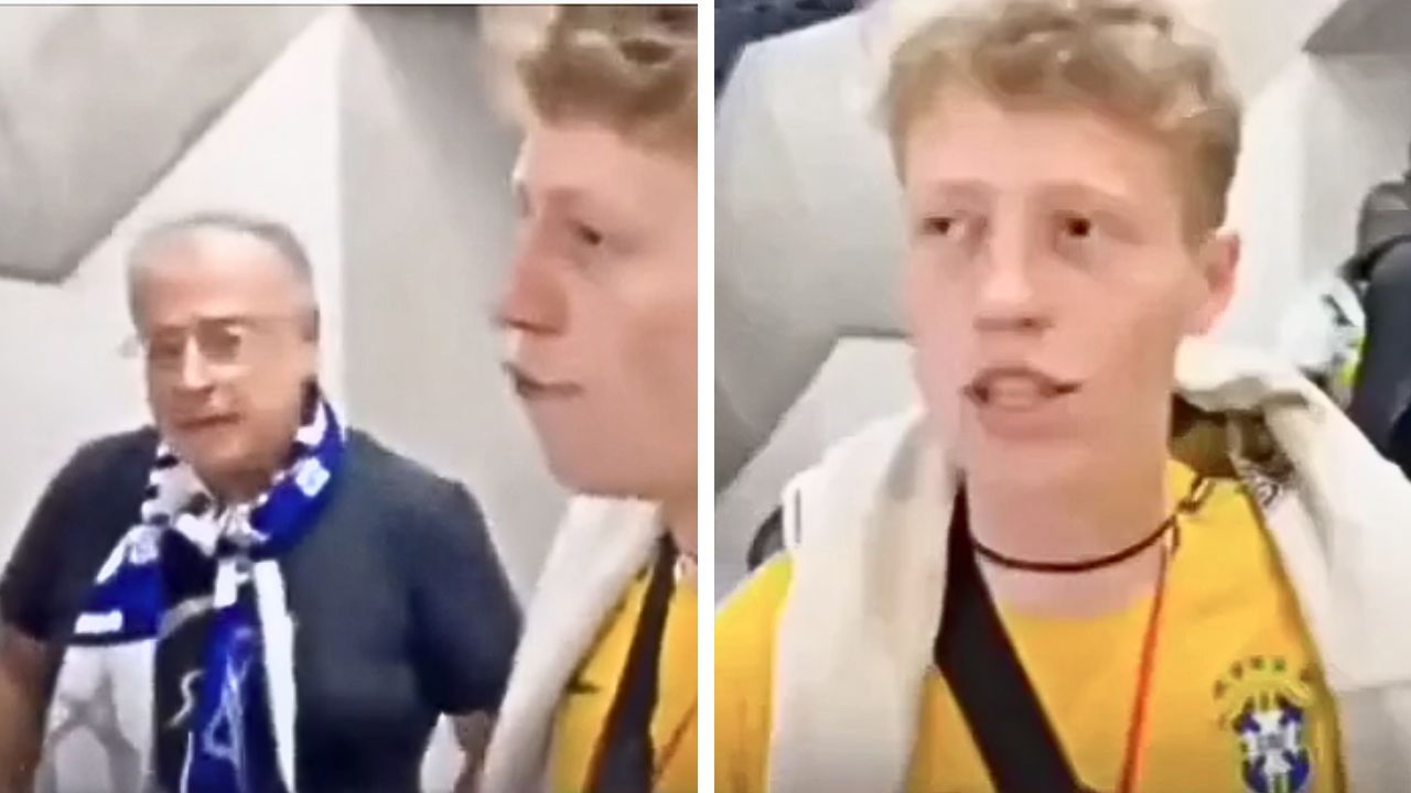 A football fan in a Brazil jersey speaks during an interview at the Paris 2024 Olympics.
