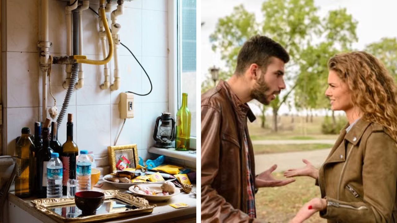 A messy kitchen counter illustrates the couple’s contentious household hygiene debate.