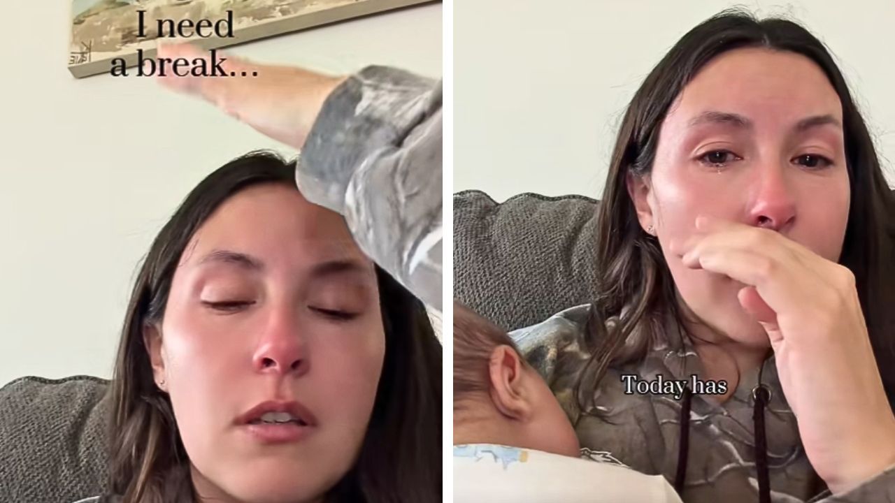 A mother holds her infant while appearing overwhelmed during a difficult postpartum day.