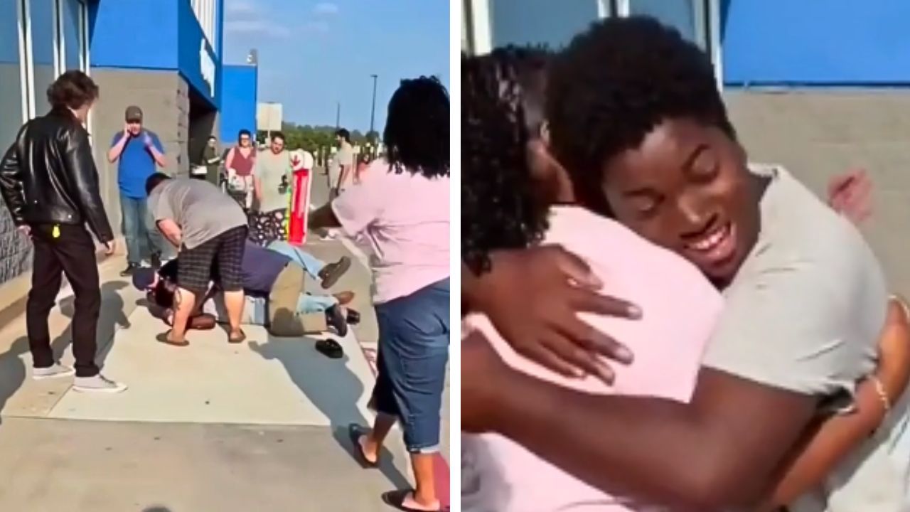 A physical confrontation (L) outside a Walmart Supercenter in Big Rapids, Michigan, as a bystander (R) intervenes.