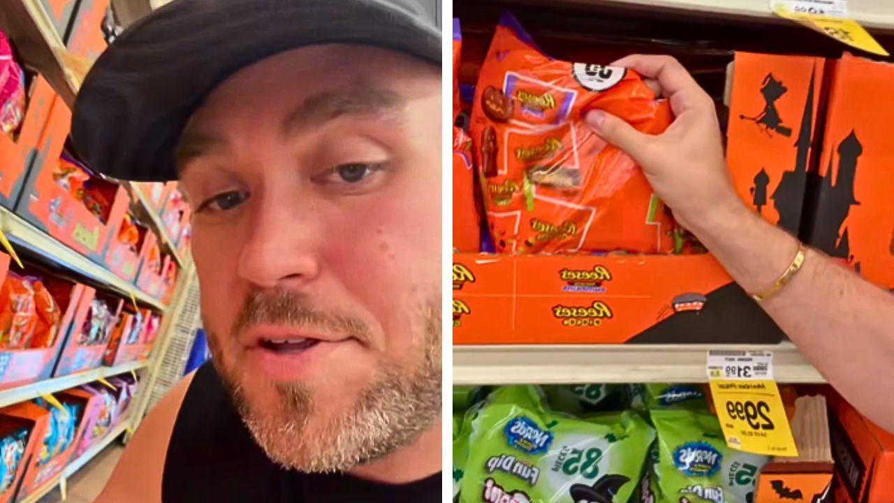 A shopper looks over Halloween candy at a grocery store.