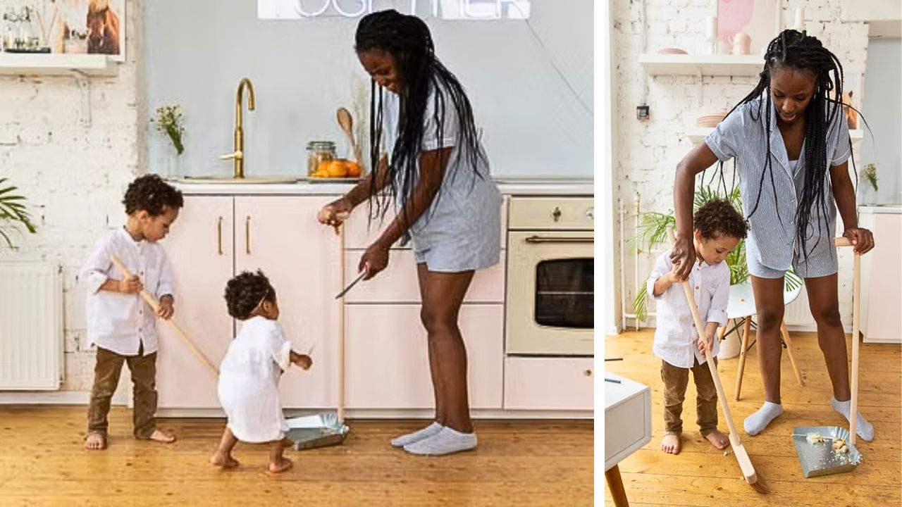 A toddler helps with simple household tasks as part of a family routine.