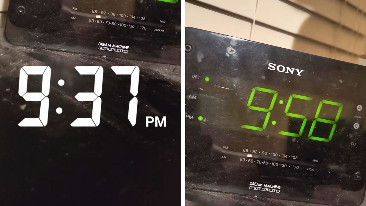 A vintage Sony Dream Machine alarm clock displays a time ahead of the actual clock time.