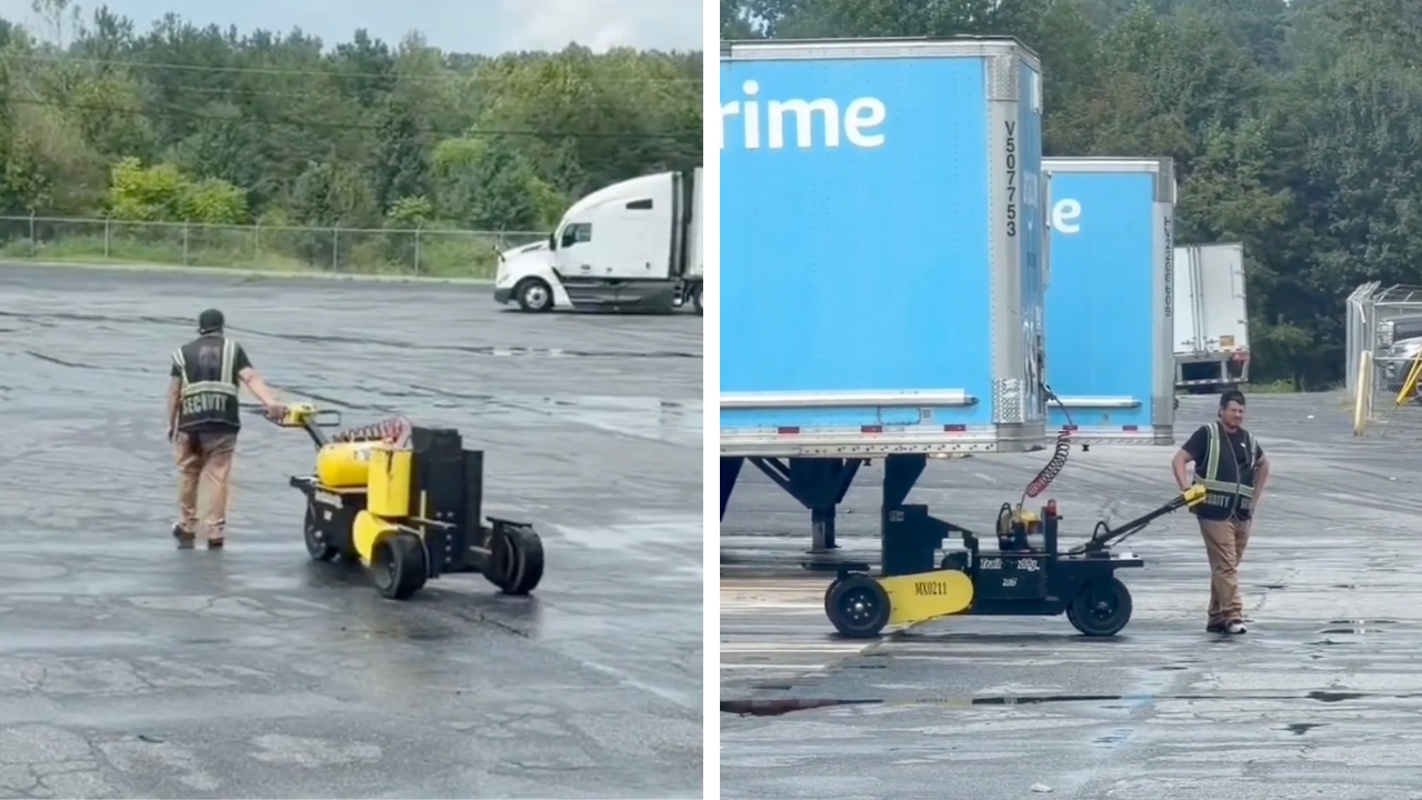 Amazon worker spotted using a powered trailer spotter sparking debate on total automation.