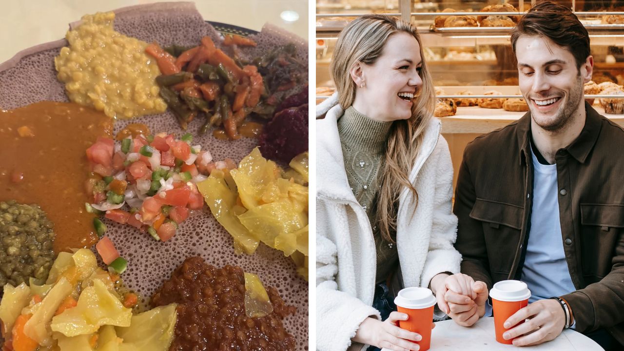 An Ethiopian platter (L) featured in a Reddit post where a woman shared her dating story.