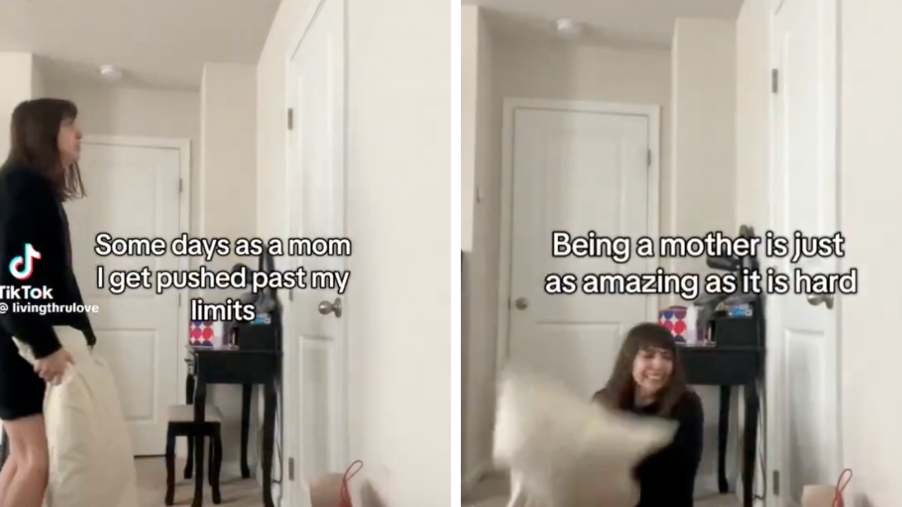 Overwhelmed Mom Punches Pillow to Handle Parenting Stress