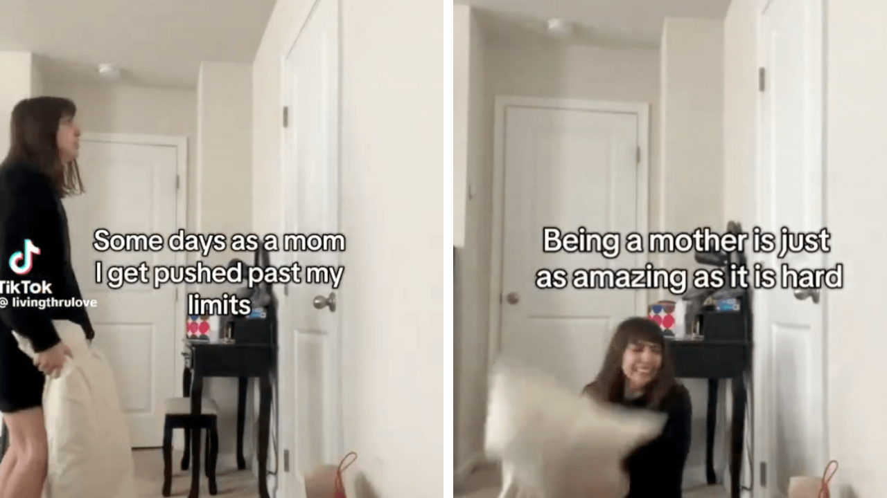 Overwhelmed Mom Punches Pillow to Handle Parenting Stress