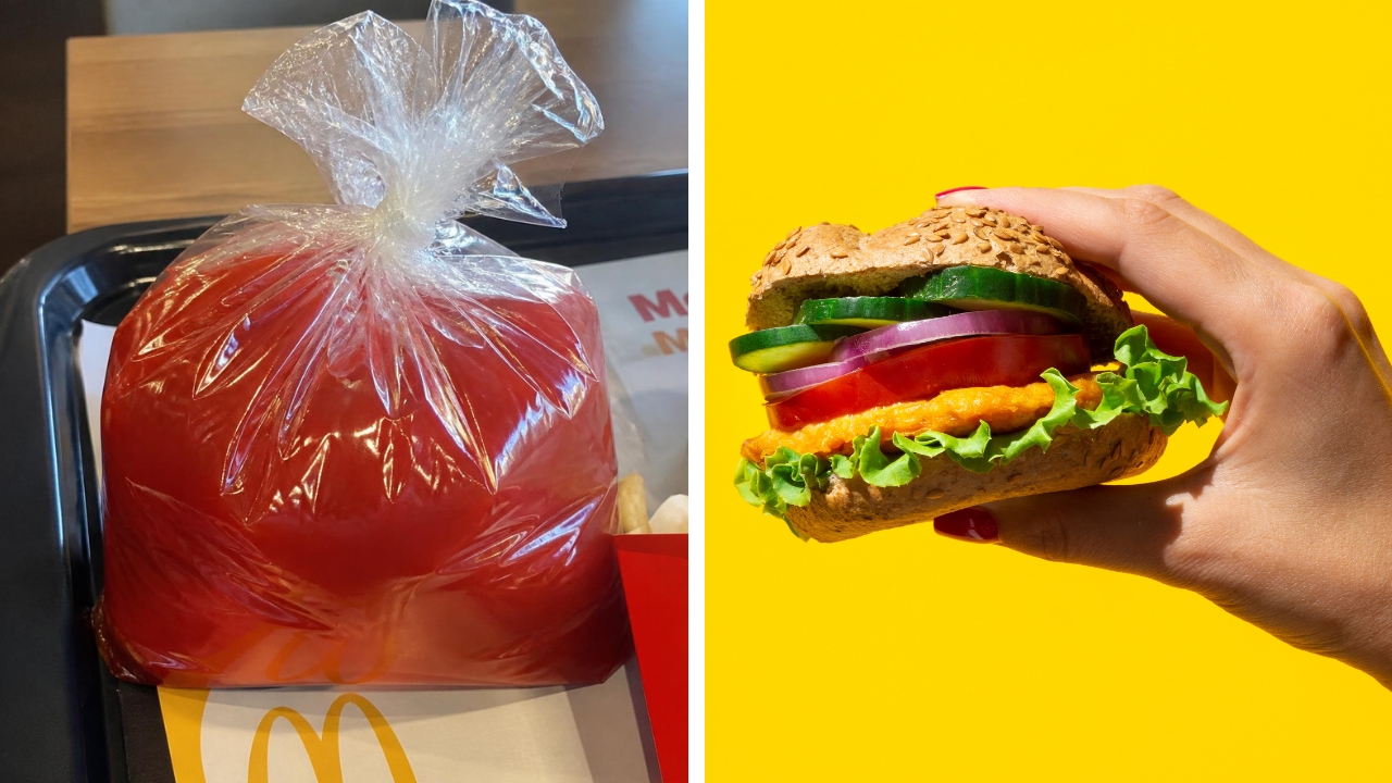 A man sparked outrage after dunking a burger in ketchup and throwing it at a woman.