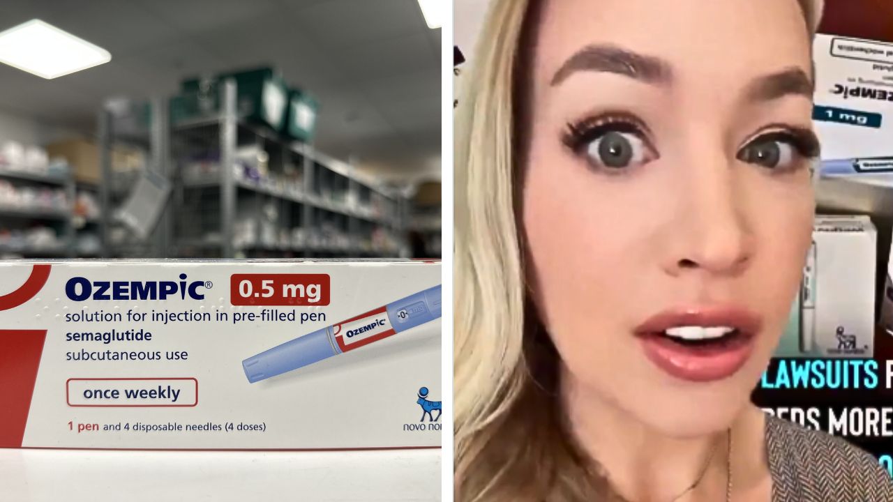 Ozempic packaging (L) alongside a video (R) discussing ongoing lawsuits involving the medication.