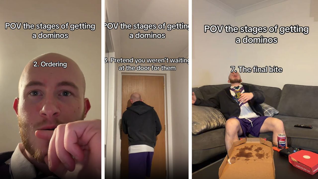 man acts out different stages of ordering Domino's pizza