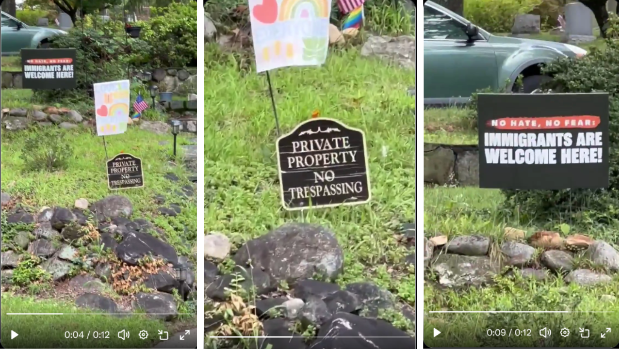 The Irony: A Liberal Homeowner Literally Has a "No Trespassing" and "Immigrants Are Welcome Here" Signs Side by Side!