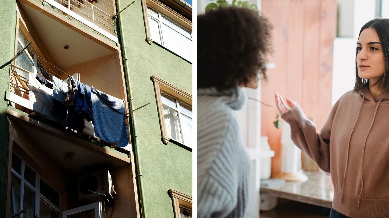 Entitled neighbor throws dirty water over clothes.