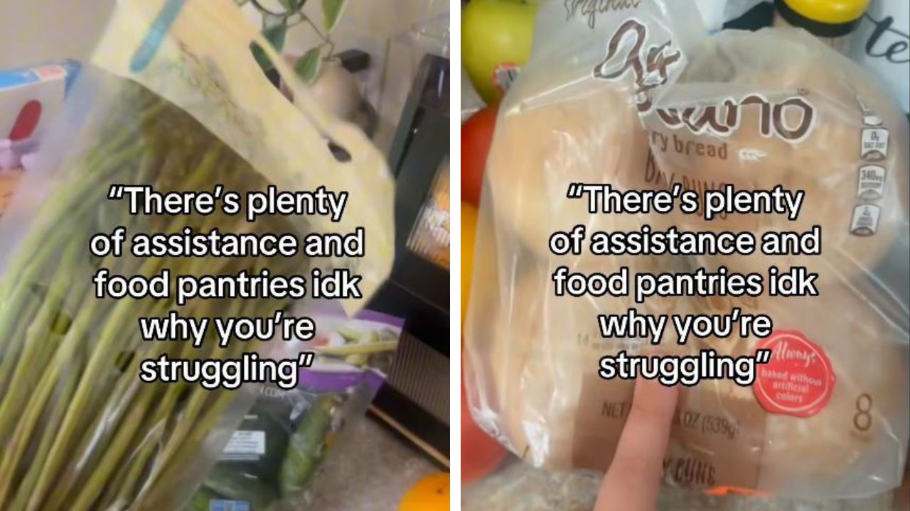 Woman shows expired food in food pantry.