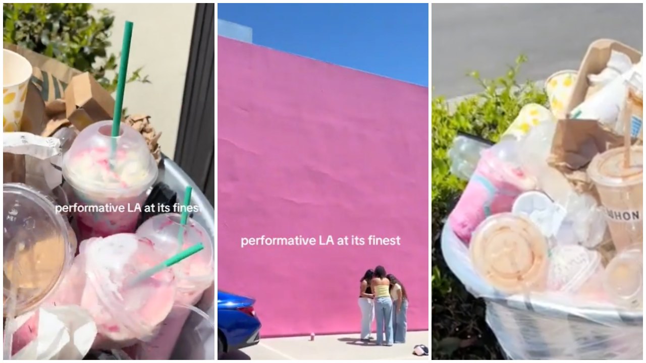 Ladies Find Full Starbucks Unicorn Frappuccinos in Trash in Front of Pink Wall