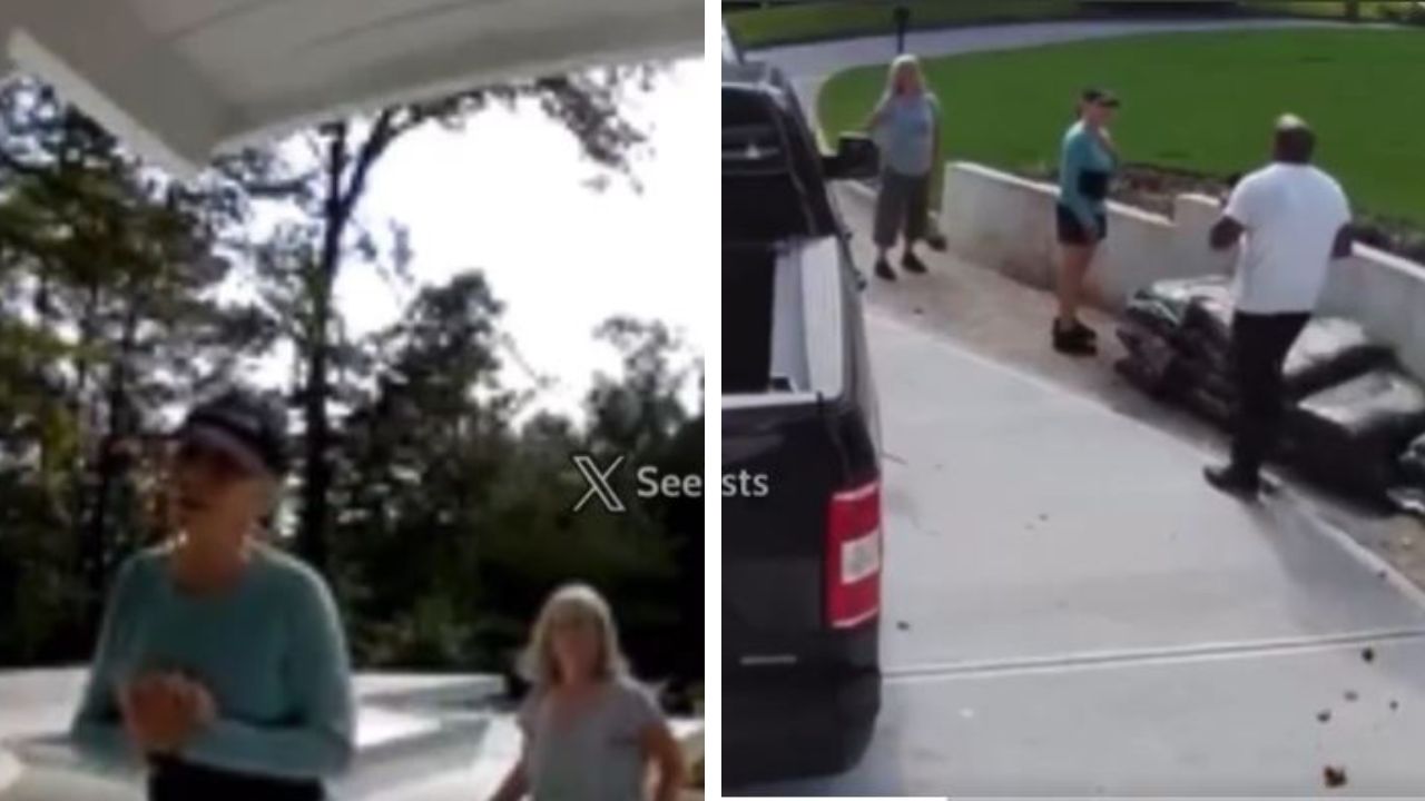 Doorbell footage shows nosy neighbors asking for identity.