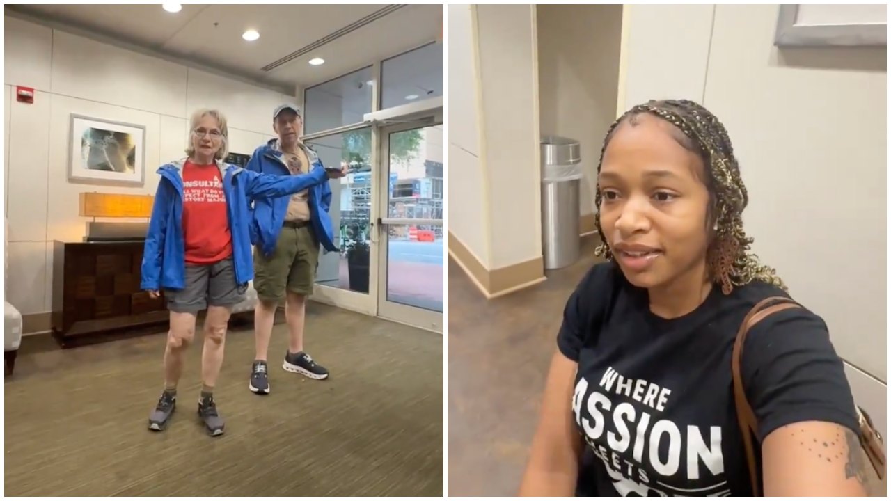Couple Watches Woman in Apartment Lobby While She Waits for Her Client