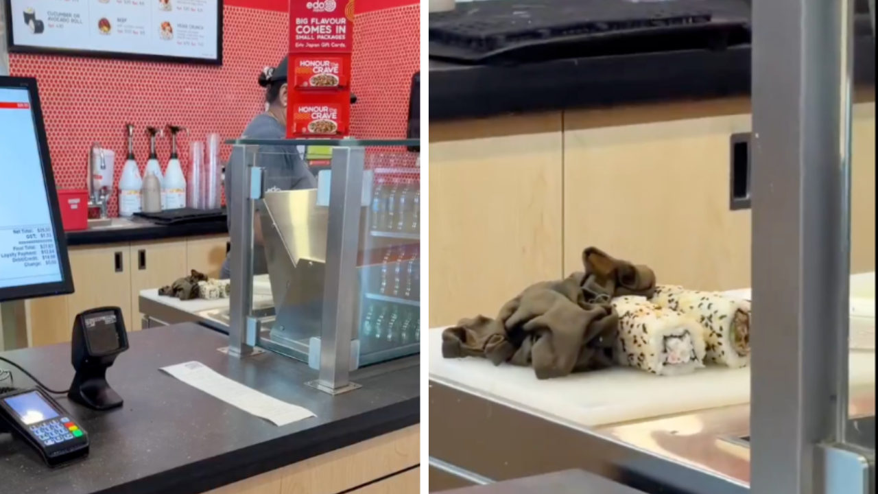 Restaurant Customer Found a Public Health Concern While Ordering Food ‘ They Left Sushi Rolls on a Prep Board With a Cleaning Rag/Cloth'