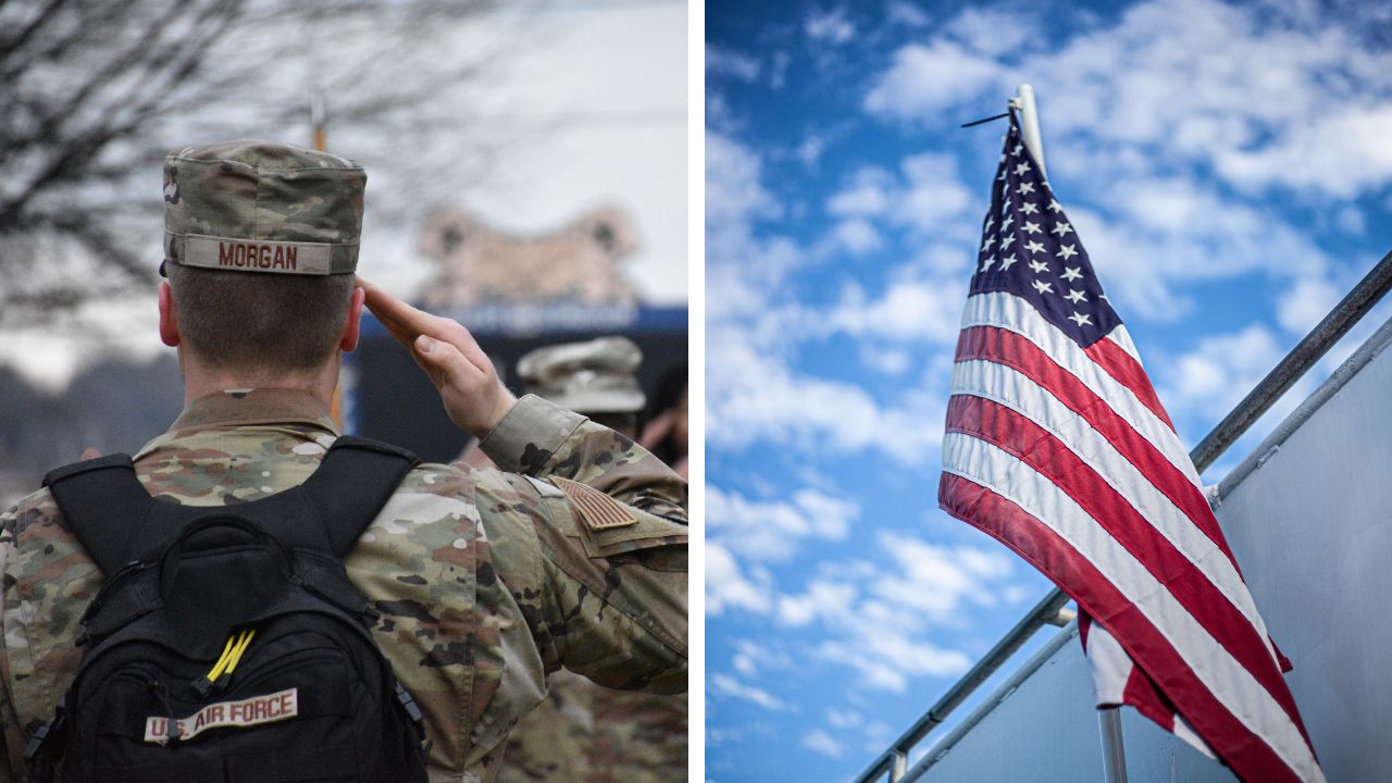 Marine pulls over to pick up fallen flag.