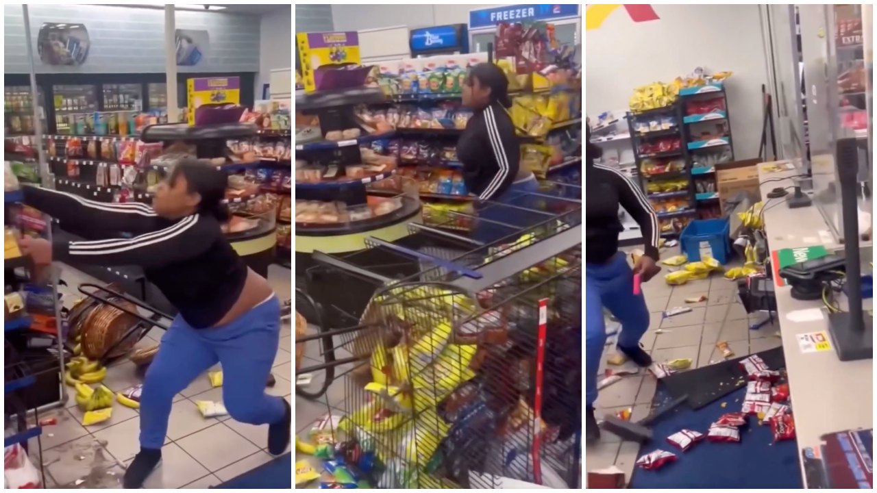 Woman Crashes Out at Gas Station, Then Makes Unusual Exit Through Door