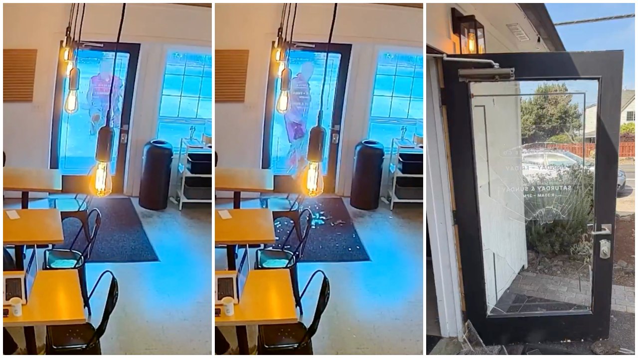 Woman kicks in coffee shop door