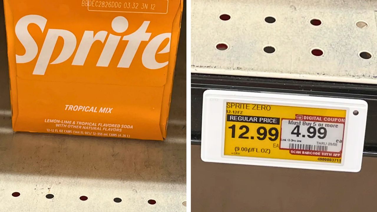 A 12-pack of Sprite Tropical Mix sits beneath a digital price tag showing a $12.99 regular price and a $4.99 promotional price.