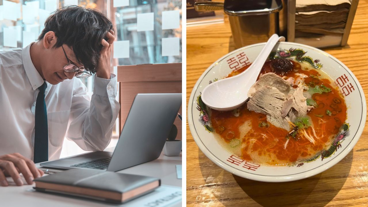 A bowl of ramen (R) shared by a Reddit user alongside his account of losing a new job (L) after 2.5 hours.