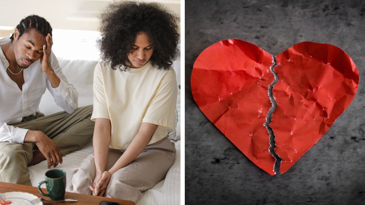 A couple sits apart on a couch, representing relationship struggles and the challenges of separation.