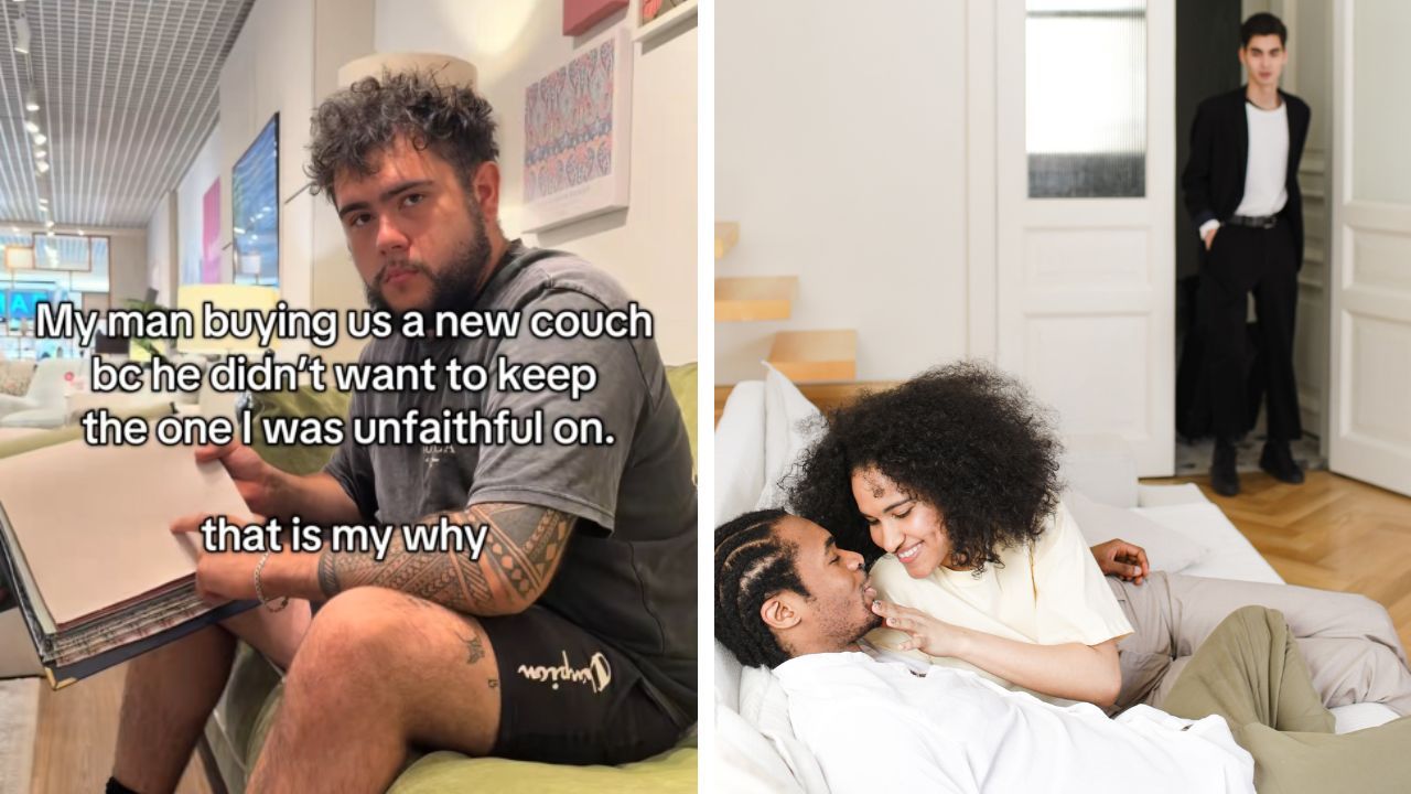 A couple was shopping for a new couch after the woman said her boyfriend wanted to replace the one she had been unfaithful on.