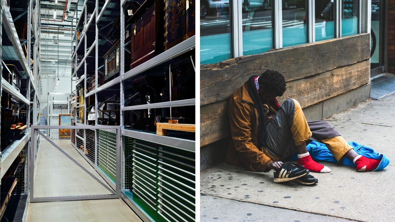 A storage unit (L), similar to the one a Reddit user said they lived in for over a year while recovering from homelessness (R).