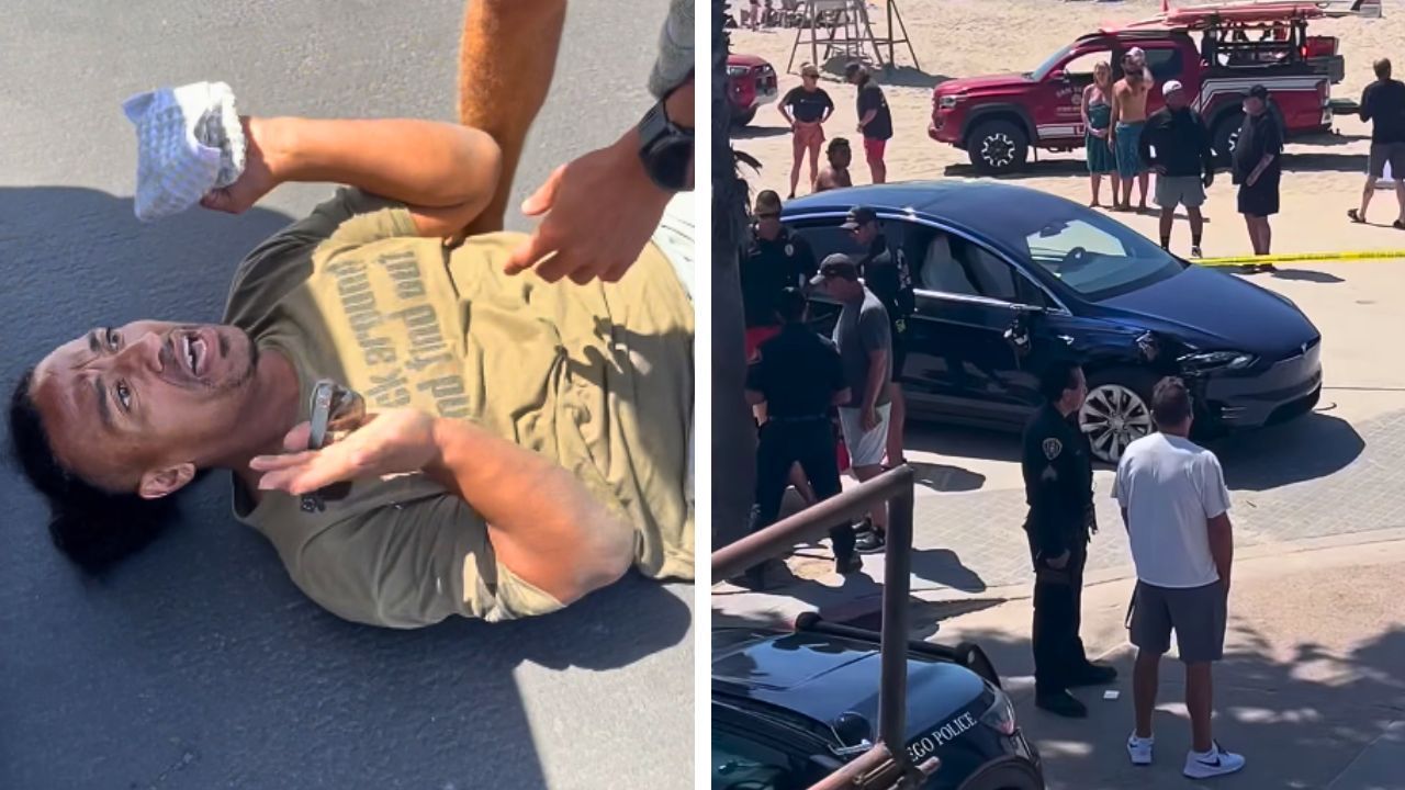 Bystanders restrain a driver during a reported stolen Tesla incident on a California boardwalk.