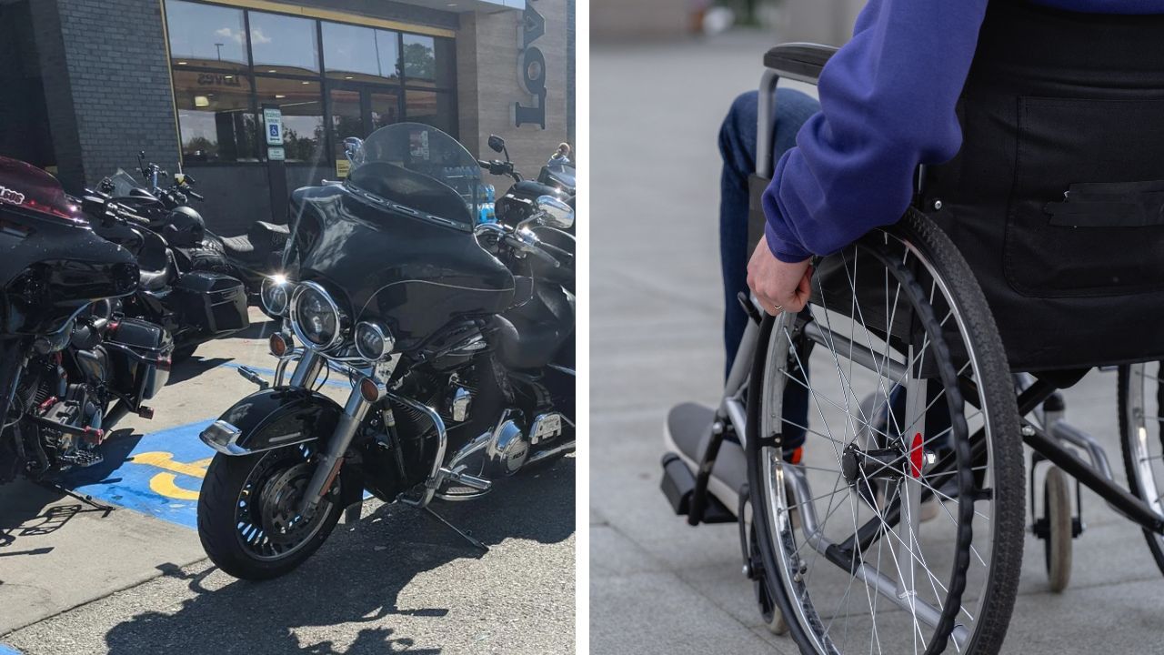 Motorcycles are pictured parked in an area marked for wheelchair parking.
